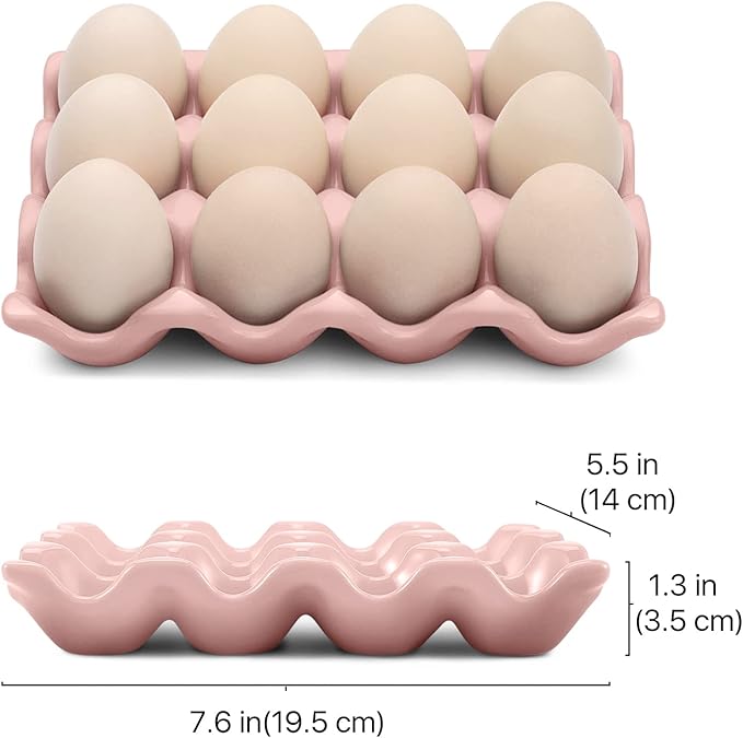 Flexzion Ceramic 12 Cups Egg Tray - Whole Dozen Porcelain Egg Holder Container Keeper Storage Organizer Decorative Serving Stand Serveware for Refrigerator Fridge Countertop Display Kitchen (Pink)
