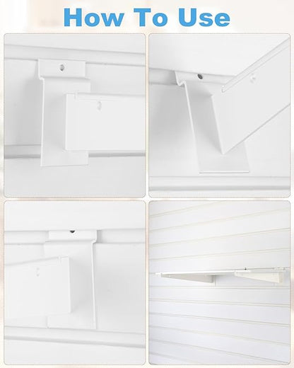 MUZIK 6PCS Slatwall Shelf Brackets, 12" White Metal, Heavy Duty, Wall Mount, Set of 6