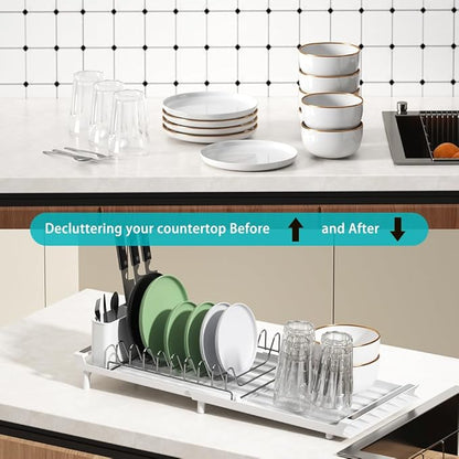 YOJIA Stainless Steel Dish Drying Rack, Extendable Dish Drainer Rack, Drainboard, Detachable Cup Shelf, Rustproof Multifunctional Organizer for Kitchen Counter, Cup Holders, Utensil Holder (10-White)