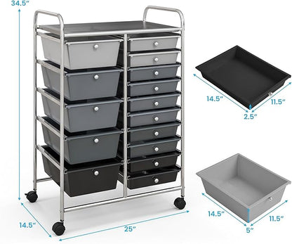 KOTEK 15-Drawer Rolling Storage Cart, Multipurpose Mobile Utility Cart with 4 Wheels, Home Office School Tools Scrapbook Paper Organizer (Grey & Black)