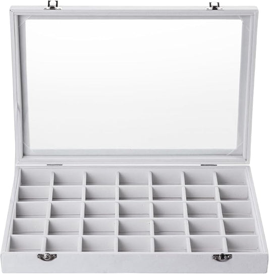 Frebeauty Velvet Jewelry Tray,35 Grid Jewelry Organizer with Clear Lid,Earring Holder Organizer Case with Clasp,Drawer Insert for Rings Studs,13.8 x 9.5 x 2 Inches,Gift for Women Girls(White)
