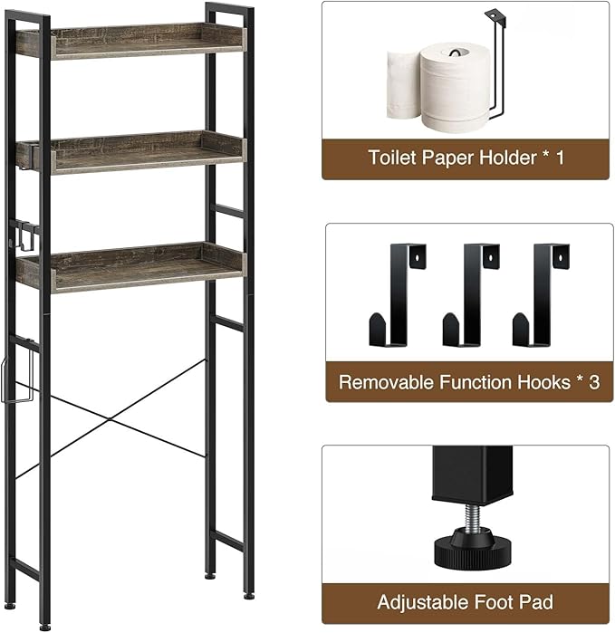 Rolanstar Over The Toilet Storage Rack, 3-Tier Bathroom Space Saver with Adjustable Shelves, Bathroom Organizer for Bathroom, Washroom, Gray