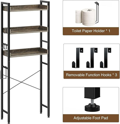 Rolanstar Over The Toilet Storage Rack, 3-Tier Bathroom Space Saver with Adjustable Shelves, Bathroom Organizer for Bathroom, Washroom, Gray