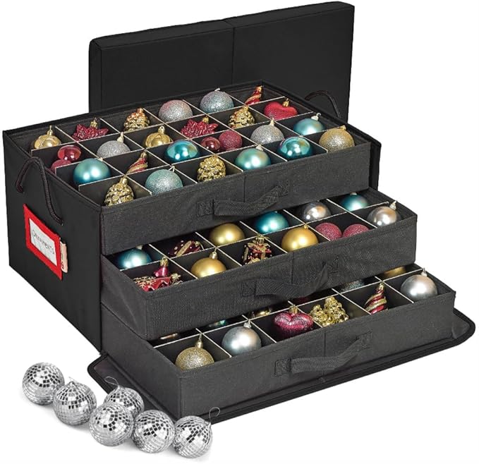 HOLDN’ STORAGE Christmas Ornament Storage Box with Dividers, Holds 72 Ornaments (3 Inch), Large Ball Storage Container with 3 Removable Trays, Durable and Portable - Black