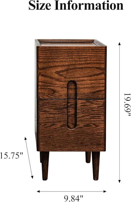 Cttasty Mid Century Modern Nightstand, Narrow Nightstand, Minimalist Side Table for Bedroom, 2-Drawer Bedside Tables (Walnut, 9.84inches)