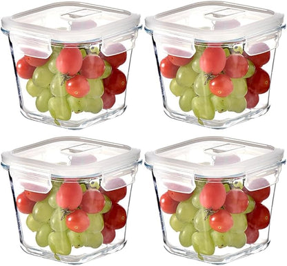 4 Cup Square Glass Food Storage Container with Lids, Square Glass Soup Container with Airtight Lids, 32 OZ Food Prep Bowls for Leftovers, Salad, Microwave、Fridge、Dishwasher Safe (4 Pack)