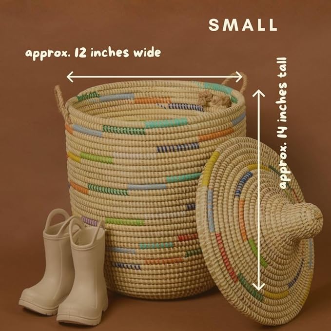 Small Storage Basket, Organizing, Storage, Wicker, Woven, With Lid, Handles, 12" Wide, 14" Tall (Colors Beige)