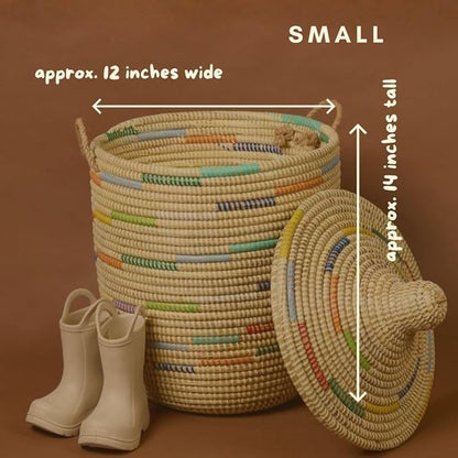 Small Storage Basket, Organizing, Storage, Wicker, Woven, With Lid, Handles, 12" Wide, 14" Tall (Colors Beige)