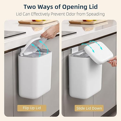 MUEE Hanging Compost Bin for Kitchen Cabinet Door - 2.4 Gal Small Trash Can with Lid, Under-Sink Food Scraps Collector, Slim Odorless Waste Bin for Apartment Essentials & RV - White