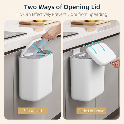 MUEE Hanging Compost Bin for Kitchen Cabinet Door - 1.8 Gal Small Trash Can with Lid, Under-Sink Food Scraps Collector, Slim Odorless Waste Bin for Apartment Essentials & RV - White