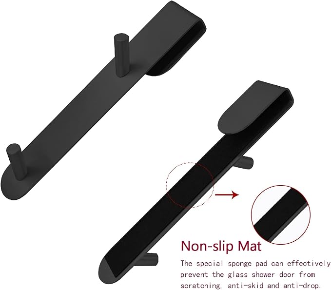 KITHOLD Shower Door Hook, Extended Length Frameless Shower Door Hook (7 Inch), Heavy-Duty Bathrobe Towel Stainless Steel Hook, No Drilling or Adhesive Required, 2-Pack, Black