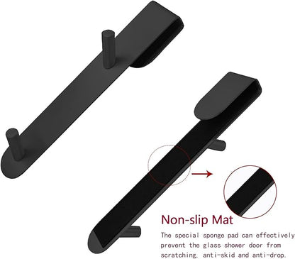 KITHOLD Shower Door Hook, Extended Length Frameless Shower Door Hook (7 Inch), Heavy-Duty Bathrobe Towel Stainless Steel Hook, No Drilling or Adhesive Required, 2-Pack, Black