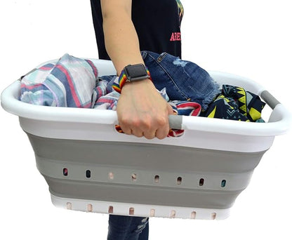 SAMMART 41L (10.8 gallon) Set of 2 Collapsible 3 Handled Plastic Laundry Basket-Foldable Pop Up Storage Container/Organizer-Space Saving Hamper/Basket (2, White/Grey)
