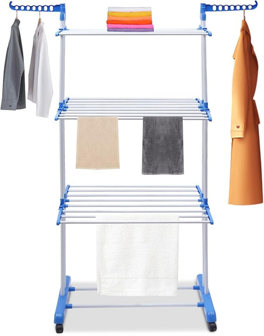 Foldable Clothes Drying Rack, 4 Tier Metal Clothes Rail with Wheels 7 Windproof Hooks Clothes Horses Rack Laundry Garment Dryer Stand with 2 Side Wings Indoor, Outdoor, Bedroom, Loft (Blue)