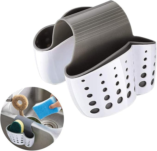 Sink Caddy Sponge Holder for Faucet - Flexible Silicone Plastic Saddle Organizer with Drain Holes, Double White