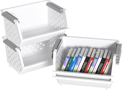 Vcansay 4 Packs Plastic Stackable Storage Basket, Large Stacking Baskets, Open Front Stacking Plastic Bins, White