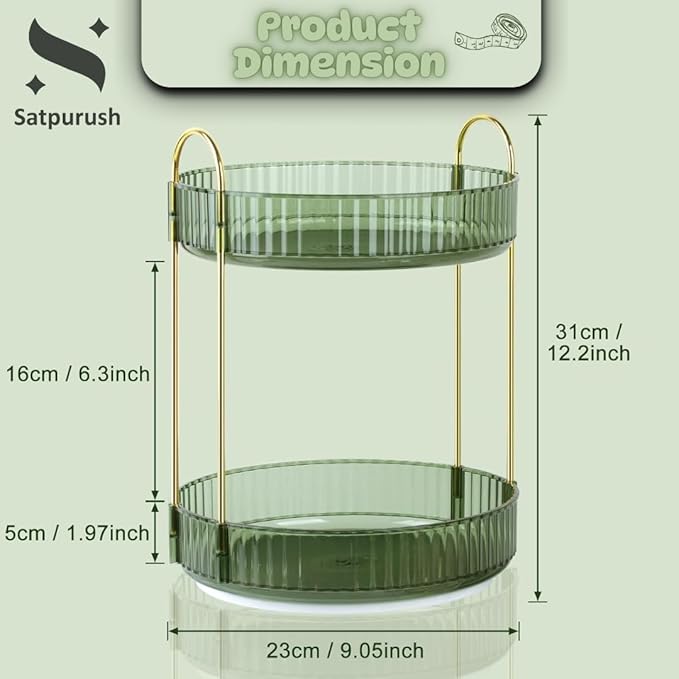 Satpurush 360° Rotating Makeup Organizer, 2 Tier Spinning Cosmetic Organizer for Vanity & Bathroom Countertop, Holds Tall Skincare Bottles, Perfume & Beauty Accessories – Clear Green