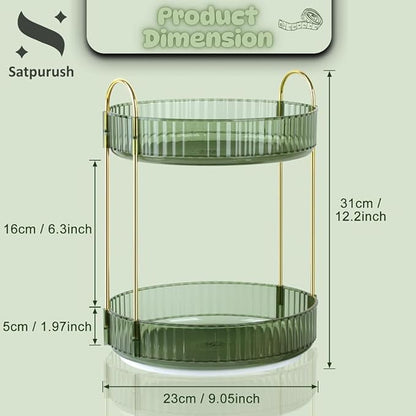 Satpurush 360° Rotating Makeup Organizer, 2 Tier Spinning Cosmetic Organizer for Vanity & Bathroom Countertop, Holds Tall Skincare Bottles, Perfume & Beauty Accessories – Clear Green