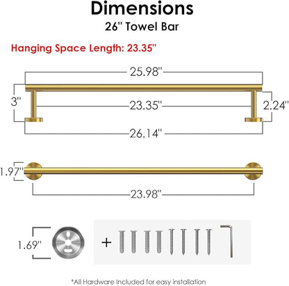 FORIOUS Towel Bar Wall Mounted, Stainless Steel Towel Racks for Bathroom, Includes Wall Mounting Hardware (Brushed Gold, 26 Inch)