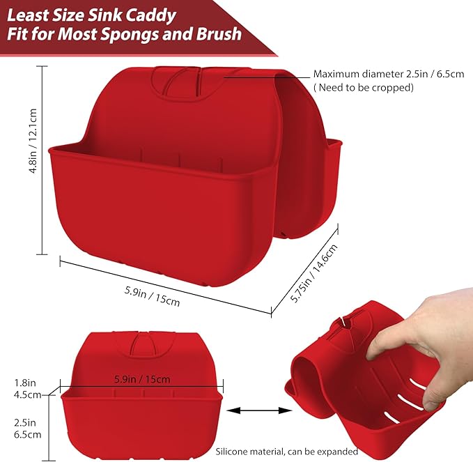 OKeanu Sponge Holder for Kitchen Sink, Silicone Sink Saddle Caddy Organizer Rack, Sponges Holder Over Faucet, Hanging Kitchen Organizer Accessories Rack Basket - Red