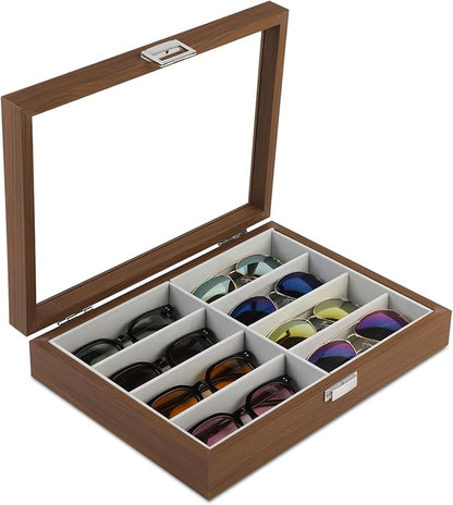BAOJULONG Wooden Sunglasses Organizer Box, Eyewear Display Eyeglass Case, Glasses Storage Box Sunglass Holder Gifts