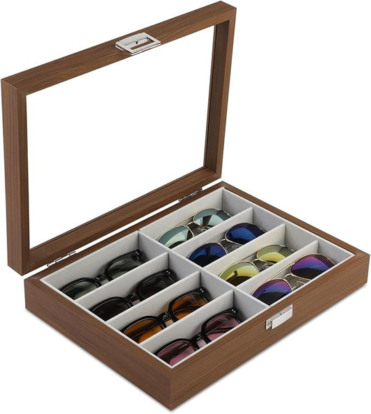 BAOJULONG Wooden Sunglasses Organizer Box, Eyewear Display Eyeglass Case, Glasses Storage Box Sunglass Holder Gifts