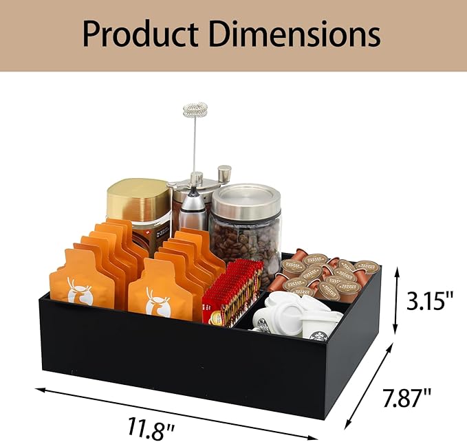 Coffee Station Organizer for Countertop, Removable Dividers Coffee Bar Accessories for Storage Sugar Packets Tea Bags, Black