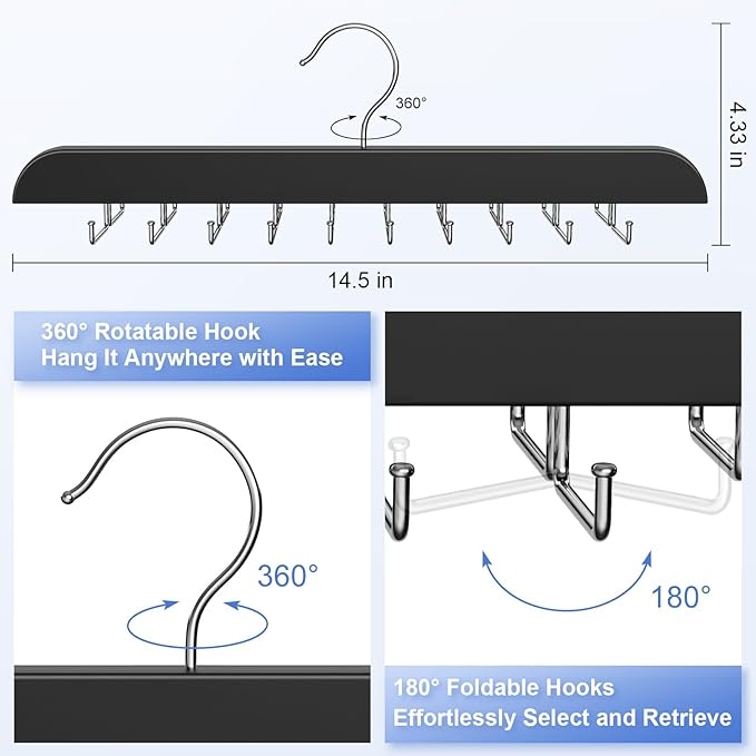 RESOVO Upgraded Tie Rack Hanger with 20 Foldable Metal Hooks, Space Saving Necktie Organizer for Men – Large Capacity Tie and Belt Wooden Hanger for Closet - Black