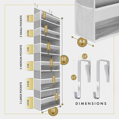 HOMELUX THEORY UPGRADED 6 Tiers Over The Door Organizer Hanging - 100D EXTRA THICK & 50lbs HUGE CAPACITY, 12 Side Mesh Pockets Over The Door Shoe Organizer, Hanging Closet Organizer (Light Gray, 2pc)