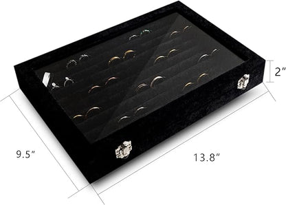 Frebeauty Rings/Earrings Organizer Tray with Clear Lid 10 Slots Velvet Drawer Insert Jewelry Storage box with Transparent Glass lid Jewelry Display Case Showcase Gift for Girls Women (Black, 10 Slots)