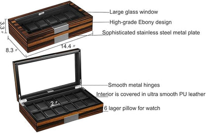 Lifomenz Co 12 Watch Box for Men Watch Display Case Wood Luxury Watch Box with Large Glass Window,Watch Organizer Box with Ultra Smooth PU Leather Interior