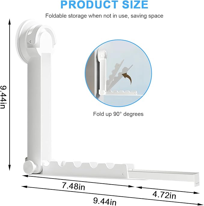 Foldable Clothes Drying Rack with Suction Cup, Wall-Mounted Clothes Drying Rod with Retractable Rod for Laundry Bathroom RV Balcony, Travel Portable Drying Rack for Clothe, White