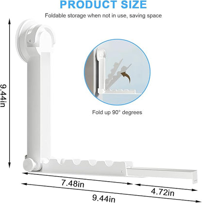 Foldable Clothes Drying Rack with Suction Cup, Wall-Mounted Clothes Drying Rod with Retractable Rod for Laundry Bathroom RV Balcony, Travel Portable Drying Rack for Clothe, White