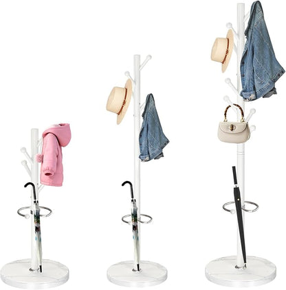 ZOZOE Metal Coat Rack Stand, Modern Coat Rack Freestanding with Natural Marble Base, Sturdy Industrial Coat Racks with 8 Hooks & Umbrella Holder,White Coat Tree Hanger Stand for Entryway,Office