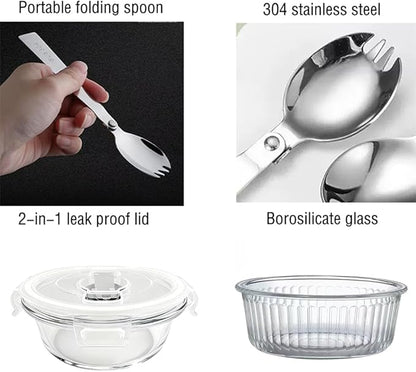 H.JSS WDJS 1.5 Cup Round Glass Food Storage Containers with Lids and Spoons, Kitchen 12Oz Meal Prep Containers, Small Round Glass Bowls for Soup, Leftovers, Lunch. Microwave, Dishwasher, Freezer Safe