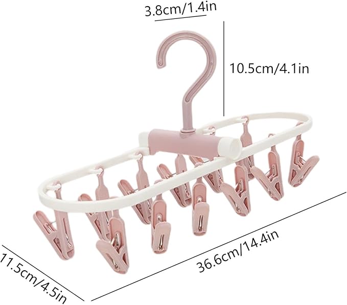 Portable Foldable Clothes Drying Rack, 20 Rotating Clips, Multi-Purpose Laundry Hanger for Underwear, Socks, Indoor/Outdoor Use, Compact, Lightweight, Convenient for Travel and Dorms (Pink)