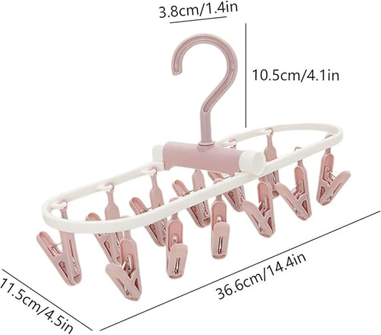 Portable Foldable Clothes Drying Rack, 20 Rotating Clips, Multi-Purpose Laundry Hanger for Underwear, Socks, Indoor/Outdoor Use, Compact, Lightweight, Convenient for Travel and Dorms (Pink)