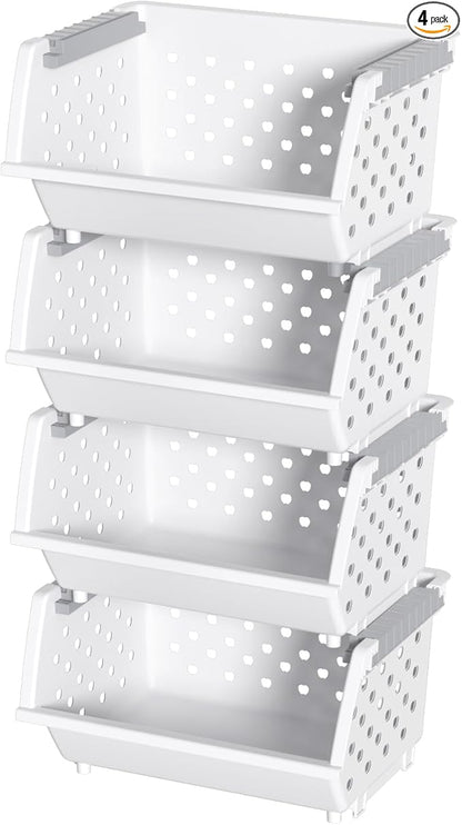 4 Pack Plastic Stacking Basket Organizer, Large Kitchen Open Front Stacking Storage Bins, White