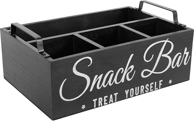 Snack Organizer for Countertop, Wood Pantry Storage Bins with Handles, Snack Bar Organizer for Pantry Shelf, 4 Compartment Food Container Box, Kitchen Storage Organizer for Nut,Chips,Beverage (Black)