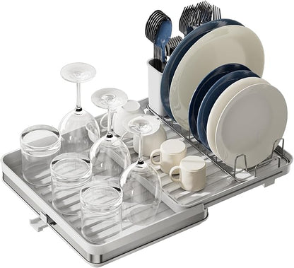 Collapsible dish drying rack,stainless steel foldable dish rack with cutlery holder,multifunctional expandable big capacity dish drainer board,Space Saving extendable dish holder