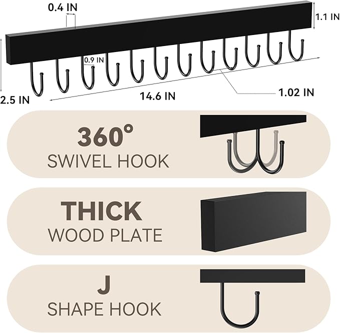 HOMEBROS Belt Hanger Wall Mount, Wooden Closet Belt Organizer with 24 Metal Hooks, Large Capacity, Black, 2 Pcs