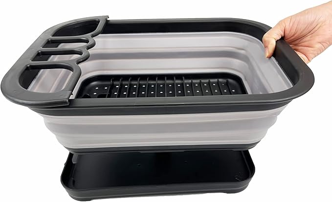 SAMMART 7.3L (1.9 Gallon) Collapsible Plastic Dish Drainer with Drainer Board - Foldable Drying Rack Set - Portable Dinnerware Organizer - Space Saving Kitchen Storage Tray (Black/Alloy Grey)