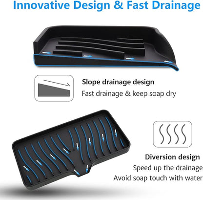 3-Pack Silicone Soap Dish, Sponge Holder for Sink, Kitchen Soap Tray, Bathroom Soap Holder, Sponge Tray with Drain (Black)