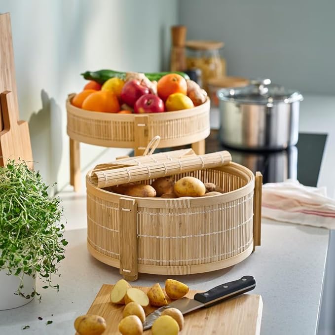 2-Piece Bamboo Fruit Basket Set – Stackable Round Storage Bins for Produce & Pantry