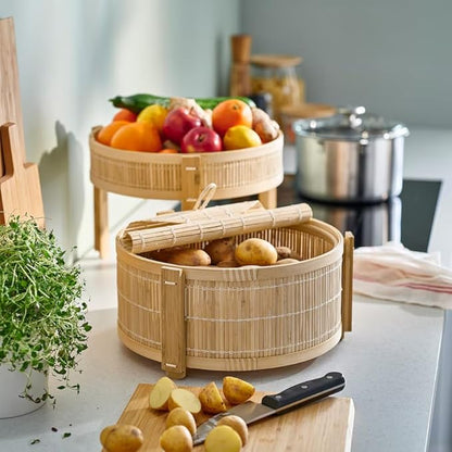 2-Piece Bamboo Fruit Basket Set – Stackable Round Storage Bins for Produce & Pantry