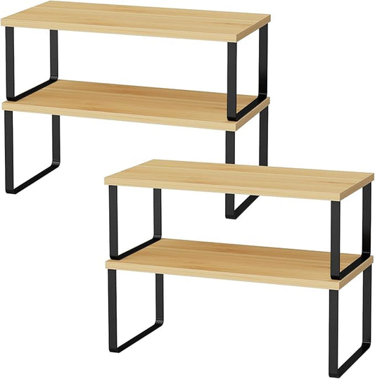 Cabinet Shelf Organizers, 15.7 inches Large Kitchen Counter Shelf, Set of 4 Wood Kitchen Pantry Organizer, Storage Shelves for Countertop, Spice Rack, Stackable, Expandable, Metal Black, Nature