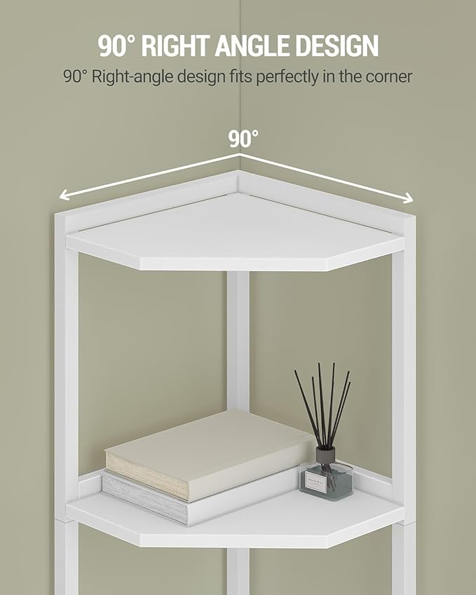 Corner Shelf Stand, Corner Bookshelf, Storage Standing Shelf Unit with Metal Frame, Plant Stand, Bookcase for Living Room, Home Office, Bedroom, 4-Tier White CS05813W