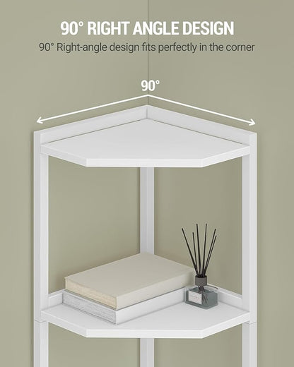 Corner Shelf Stand, Corner Bookshelf, Storage Standing Shelf Unit with Metal Frame, Plant Stand, Bookcase for Living Room, Home Office, Bedroom, 4-Tier White CS05813W