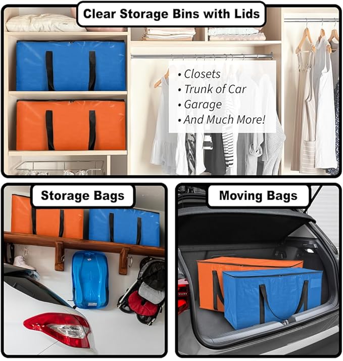 ClearSpace Heavy Duty Moving Bags or Storage Bags – Storage Bins with Lids, Large Moving Boxes with Backpack Straps & Zippers,– Packing Box & Moving Supplies for College Dorm, 4 Pack