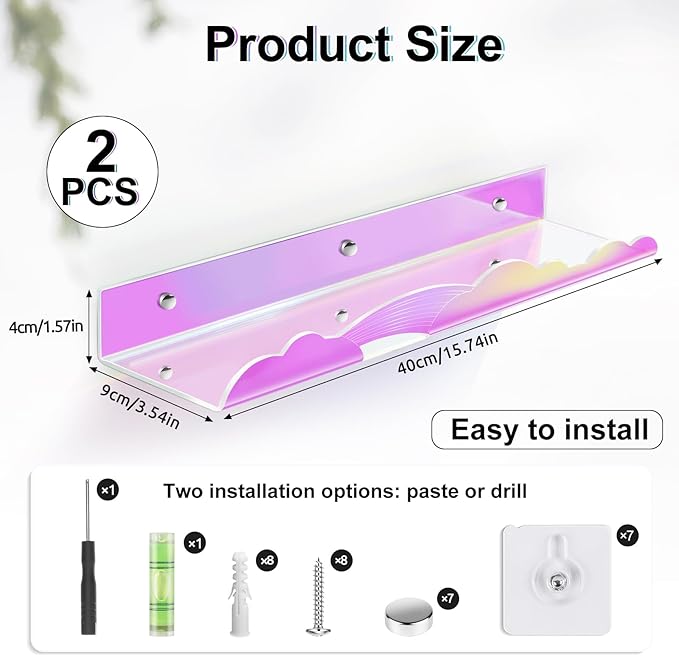 Iridescent Rainbow Acrylic Floating Shelves,15in Kids Wall Mounted Nursery Bookshelves, Display Ledge for Books Toys Cosmetic, Bathroom Bedroom Living Room Wall Decor and Storage, 2 Pack